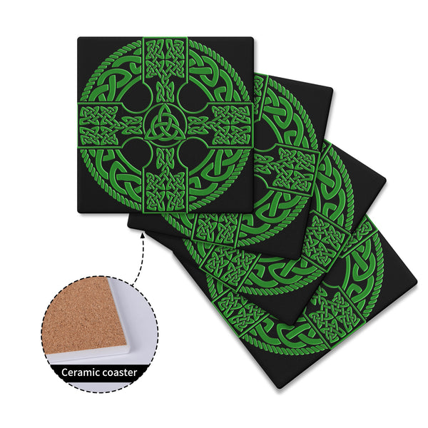 Irish Celtic Cross Shield Square Ceramic Coasters (Set of 4 Coasters)