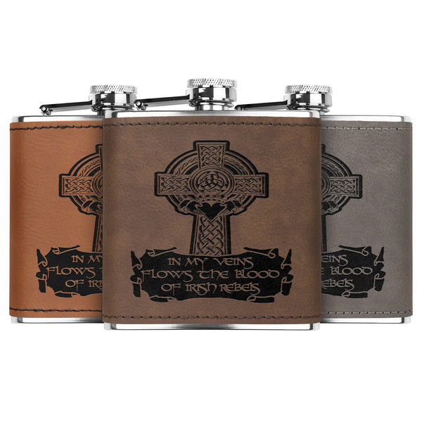 ☘️ In My Veins Flows The Blood of Irish Rebels Premium Leather Flask ☘️