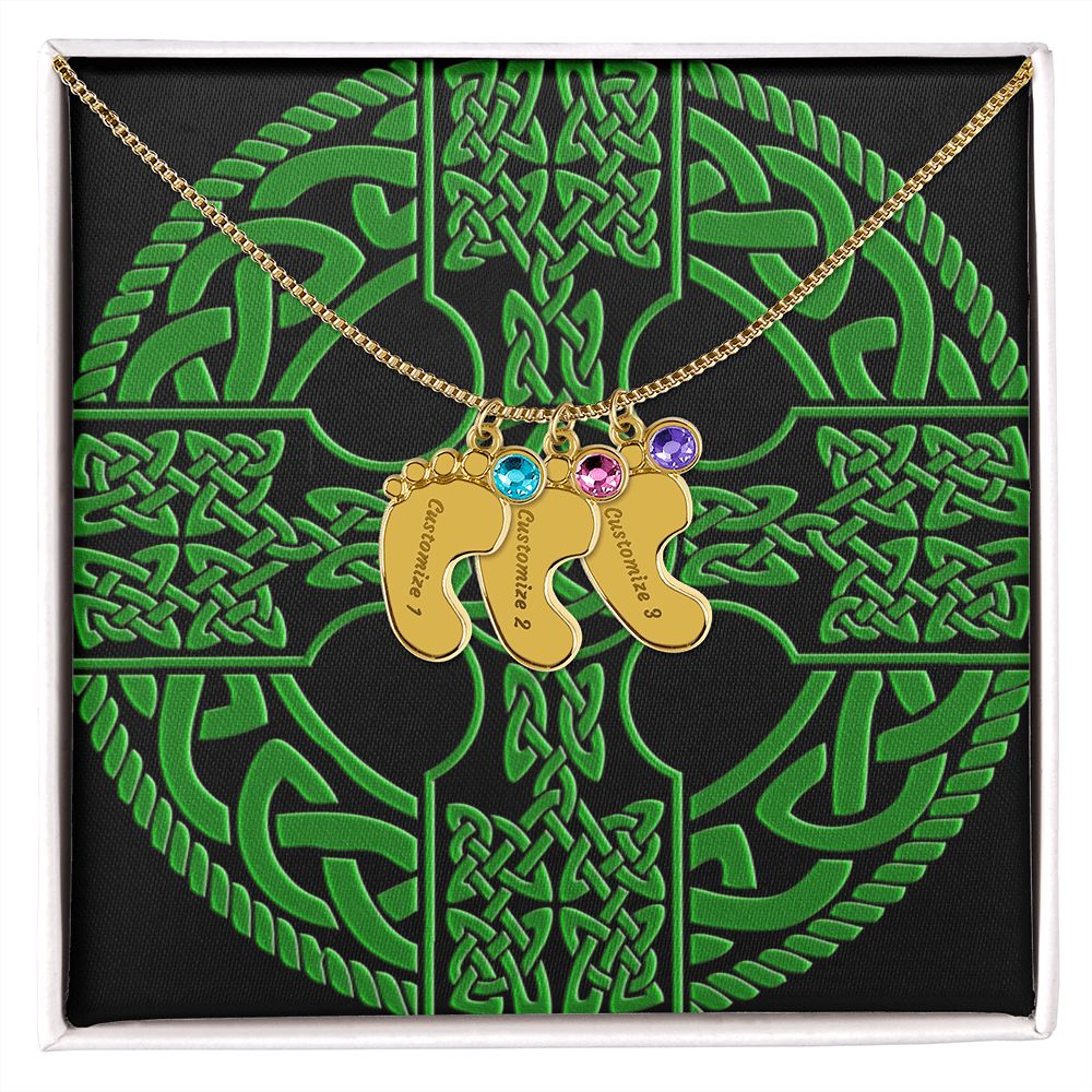 ☘️ Irish Celtic Cross Shield Custom Baby Feet Necklace with Birthstone ☘️